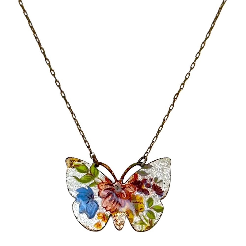 Vintage Signed VOGUE Coquette Floral Enamel Butterfly Pendant Necklace